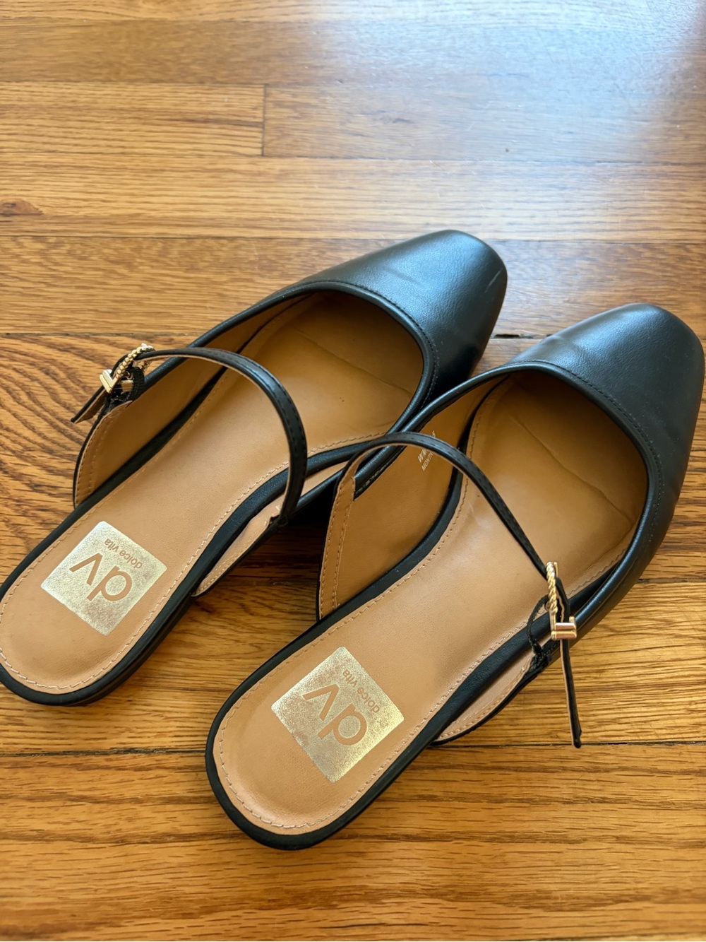 DV by Dolce Vita Black Leather Slingback Mules with Gold Buckle